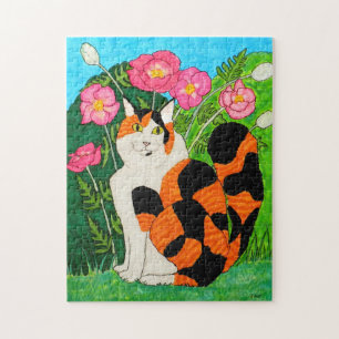 Colorful Calico Cat Pink Oriental Poppies Unique Legpuzzel