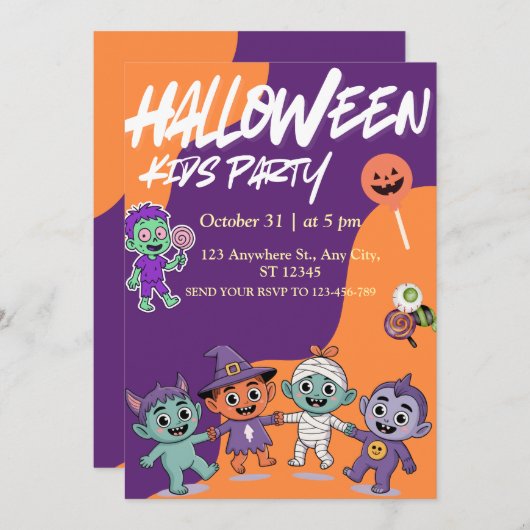 Colorful Candy Monsters Kids Halloween Invite Kaart (Voorkant / Achterkant)