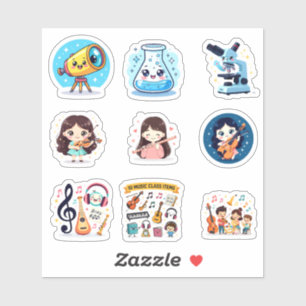 Colorful Cartoon Grid of Children in Music and Sci Sticker