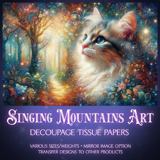 Colorful Cat Among Blossoms Artistic Decoupage  Tissuepapier