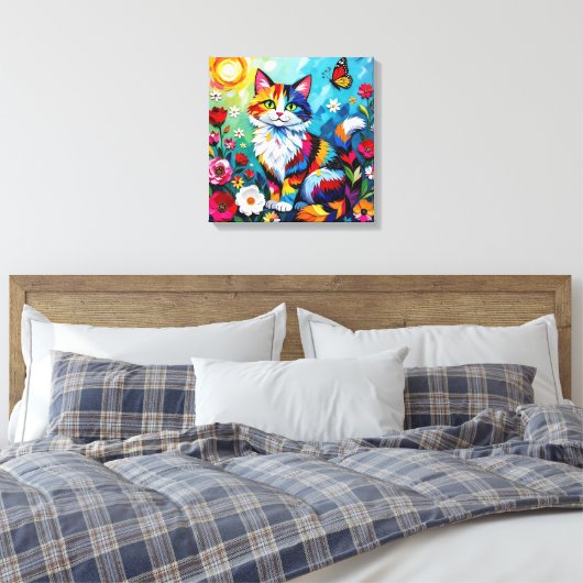 Colorful Cat and Butterfly Canvas Afdruk (Insitu (Slaapkamer))