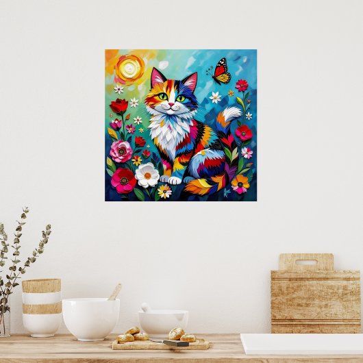 Colorful Cat and Butterfly Poster (Keuken)