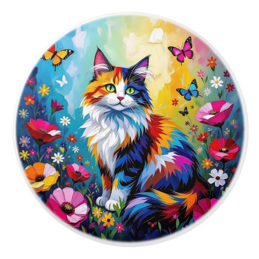 Colorful Cat and Flowers Keramische Knop (Voorkant)