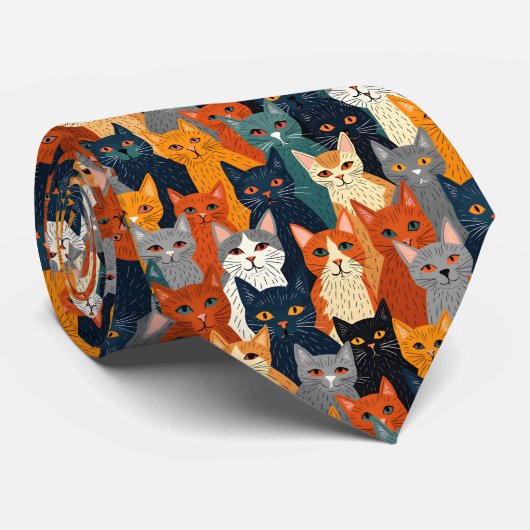 Colorful Cat Crowd Modern Art Pattern Stropdas (Opgerold)