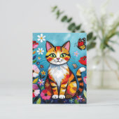 Colorful Cat, Flowers and Butterfly  Briefkaart (Staand voorkant)