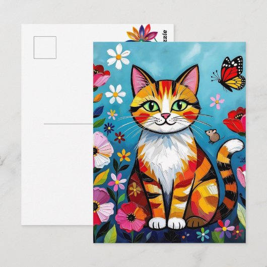 Colorful Cat, Flowers and Butterfly Briefkaart (Voorkant / Achterkant)