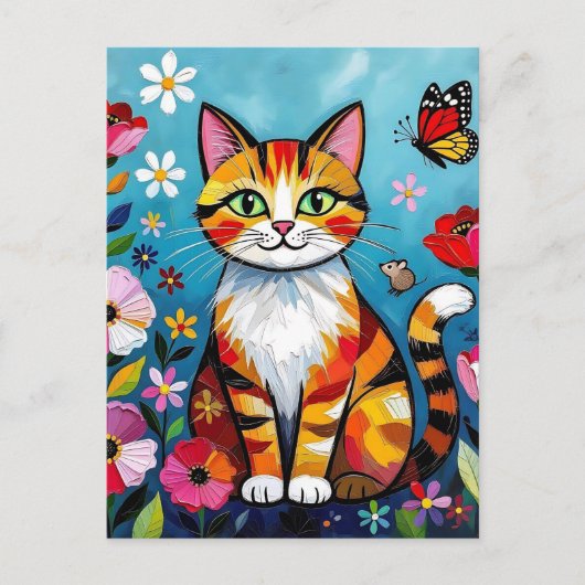 Colorful Cat, Flowers and Butterfly  Briefkaart (Voorkant)