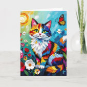 Colorful Cat, Flowers & Butterfly Birthday Kaart (Voorkant)
