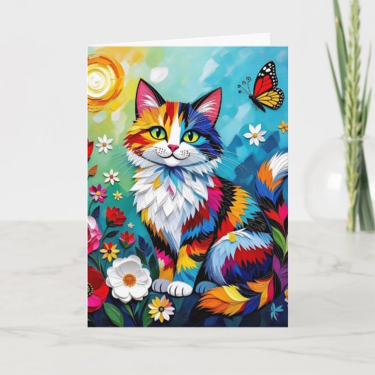 Colorful Cat, Flowers & Butterfly Birthday Kaart (Voorkant)