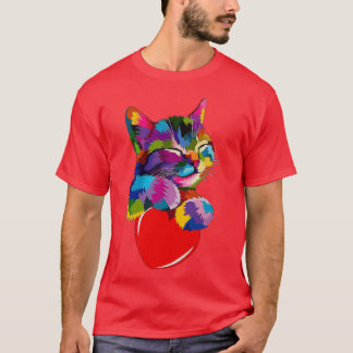 Colorful Cat Hugging Heart T-shirt