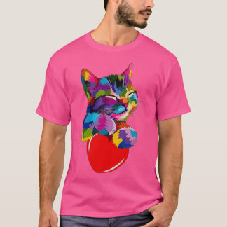 Colorful Cat Hugging Heart  T-shirt