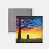 Colorful Cat Oak Tree Landscape Creationarts Magneet (Voorkant / Achterkant)