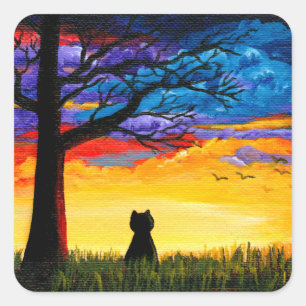 Colorful Cat Oak Tree Landscape Creationarts Vierkante Sticker