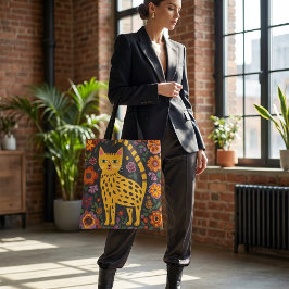 Colorful Cat Tote Bag with Floral Pattern and Whim