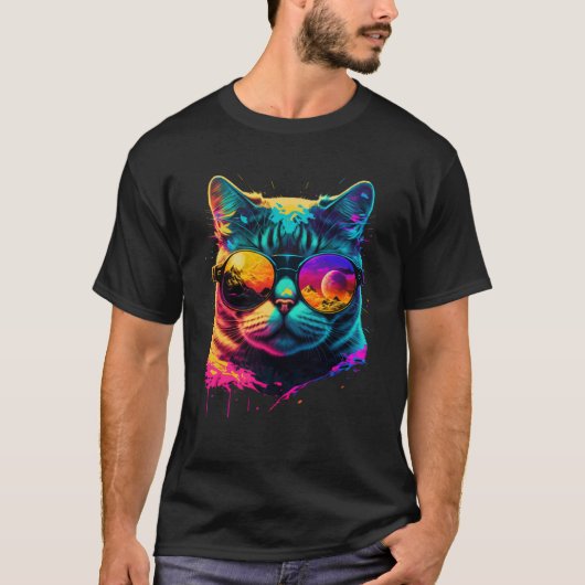 Colorful cat wearing glasses graphic t-shirt (Voorkant)