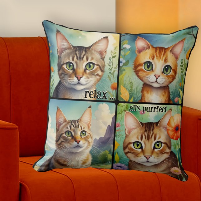 Colorful Cats Fun Artistic  Kussen (Pillow featuring 4 colorful paintings of beautiful cats. A cheerful addition to any space)