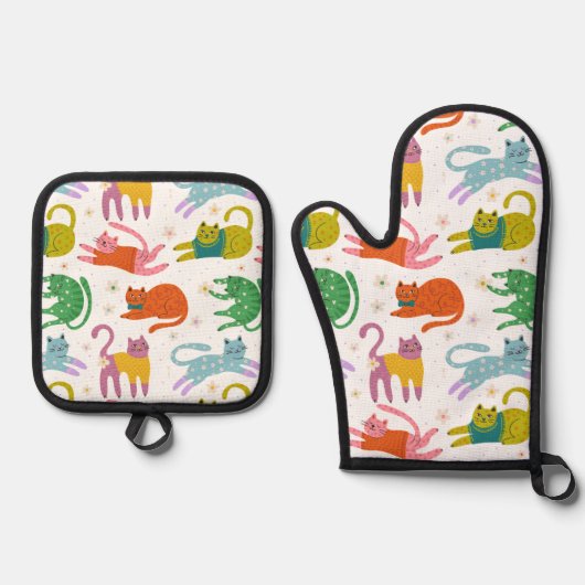Colorful Cats Pattern Oven Mitt & Pot Holder Set (Voorkant)