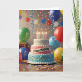 Colorful Celebration Cake & Balloons Birthday Card Kaart
