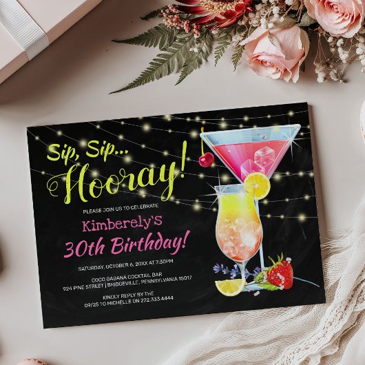 Colorful Chalkboard Sip Sip Hooray BIrthday Party Kaart