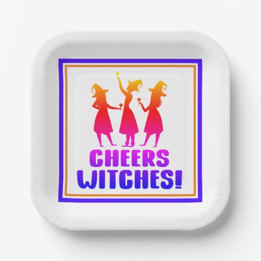 Colorful Cheers Witches Funny Halloween Party Papieren Bordje (Voorkant)