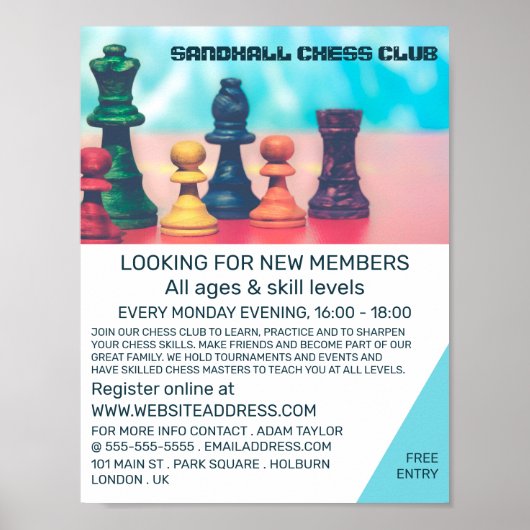 Colorful Chess Piecks, Chess Club Adverteren Poster (Voorkant)