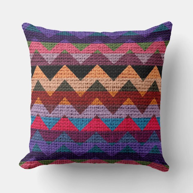 Colorful Chevron Pattern Burlap Rustic Jute #5 Kussen (Voorkant)