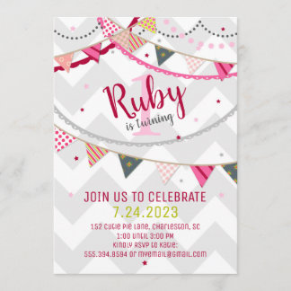 Colorful Chevron & Pennants Birthday Invitation Kaart