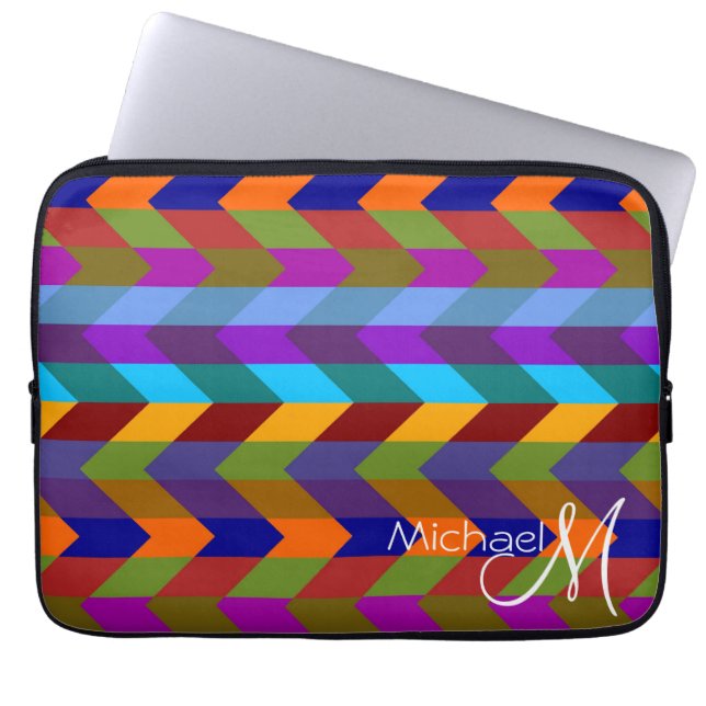 Colorful Chevron Zigzag Pattern Custom Monogram 2 Laptop Sleeve (Voorkant)