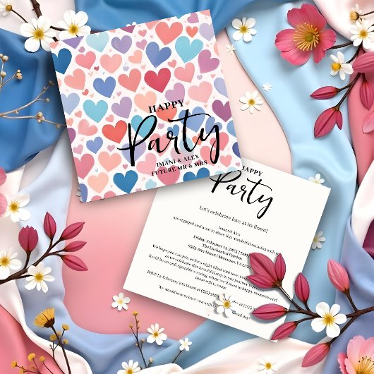 Colorful Chic Charming Scattered Hearts Engagement Kaart