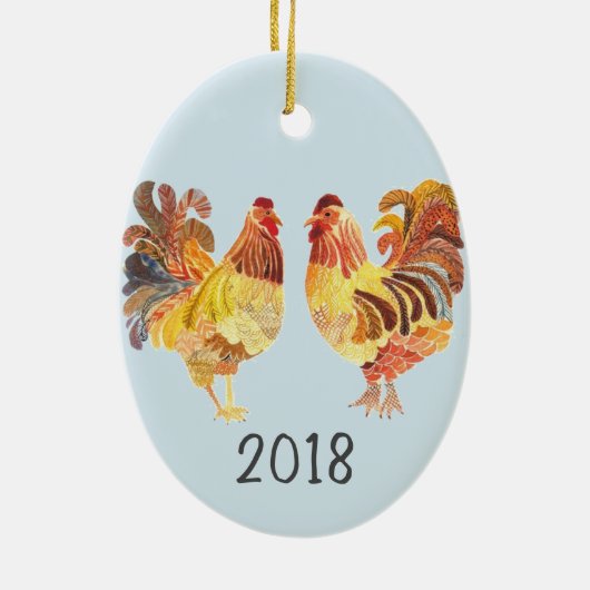Colorful Chicken Pair Keepomwille Jaar Keramisch Ornament (Achterkant)