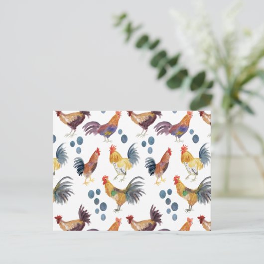 Colorful Chickens & Eggs Waterverf Patroon Briefkaart (Staand voorkant)