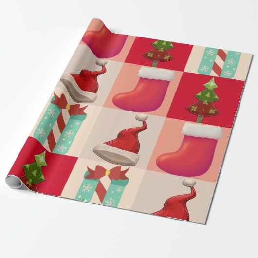 COLORFUL CHRISTMAS PRESENTS SANTA SNOEP TREE CADEAUPAPIER (Uitgerold)