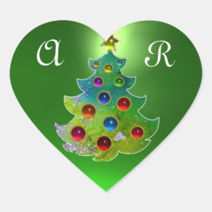 COLORFUL CHRISTMAS TREE IN GREEN GOLD SPARKLES HART STICKER