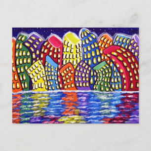 Colorful Cityscape Fun Folk Art Post Card Briefkaart