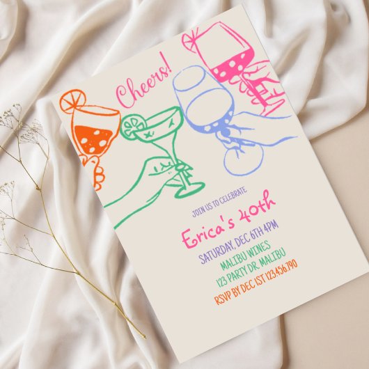 Colorful Cocktail Line Art Birthday Invitation |  Kaart