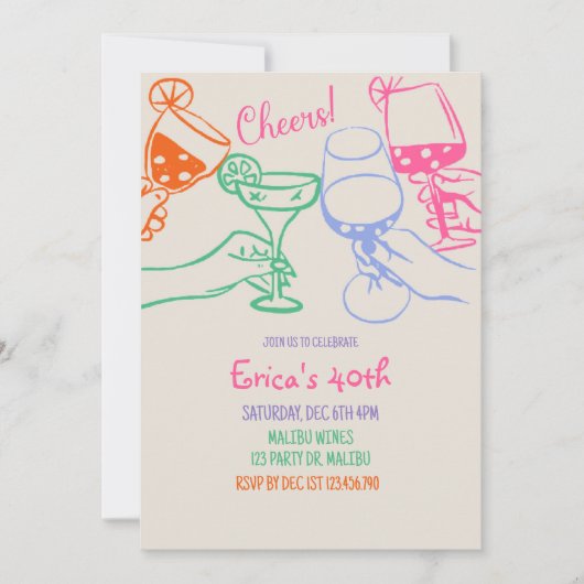 Colorful Cocktail Line Art Birthday Invitation | Kaart (Voorkant)