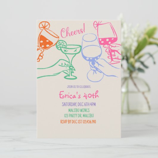 Colorful Cocktail Line Art Birthday Invitation |  Kaart (Staand voorkant)