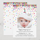 Colorful Confetti 1st Birthday Foto-uitnodigingen Kaart (Voorkant / Achterkant)