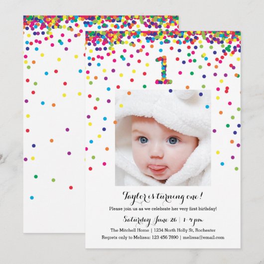 Colorful Confetti 1st Birthday Foto-uitnodigingen Kaart (Voorkant / Achterkant)
