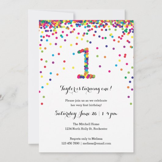 Colorful Confetti 1st Birthday Party Invitations Kaart (Voorkant)