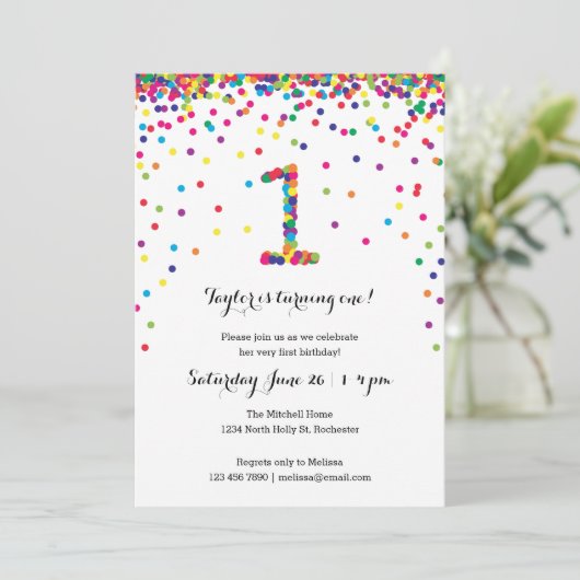 Colorful Confetti 1st Birthday Party Invitations Kaart (Staand voorkant)