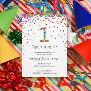 Colorful Confetti 1st Birthday Party Invitations Kaart