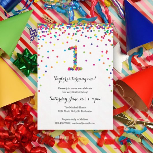 Colorful Confetti 1st Birthday Party Invitations Kaart