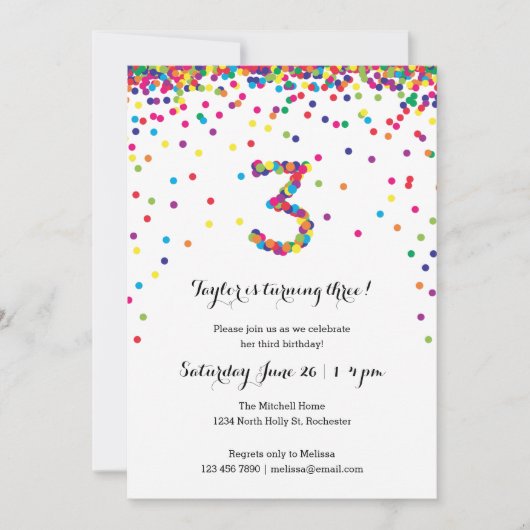 Colorful Confetti 3rd Birthday Party Kaart (Voorkant)