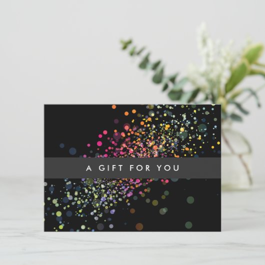 Colorful Confetti Bokeh on Black Gift Certificate (Staand voorkant)