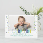 Colorful Confetti Boy Foto Birthday Party Kaart (Staand voorkant)