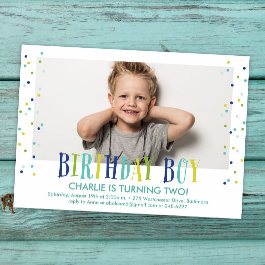 Colorful Confetti Boy Foto Birthday Party Kaart