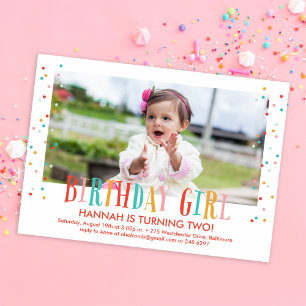 Colorful Confetti Girl Foto Birthday Party Kaart