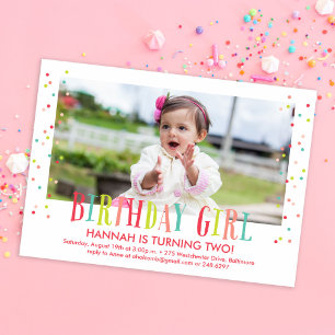 Colorful Confetti Girl Foto Birthday Party Kaart