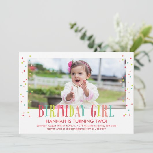 Colorful Confetti Girl Foto Birthday Party Kaart (Staand voorkant)